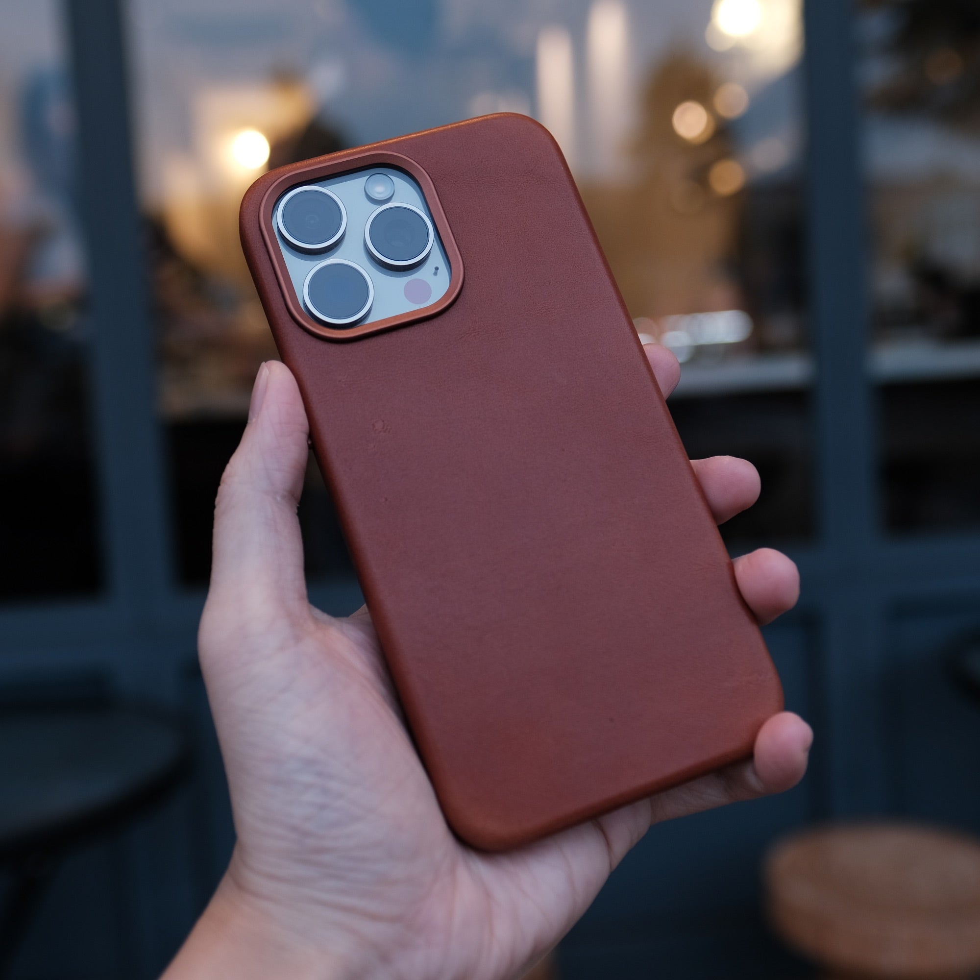 Bare Skin Case for iPhone 15 Pro - Full-Grain Leather Case with MagSafe for iPhone 15 Pro - Cinnamon - in Hand