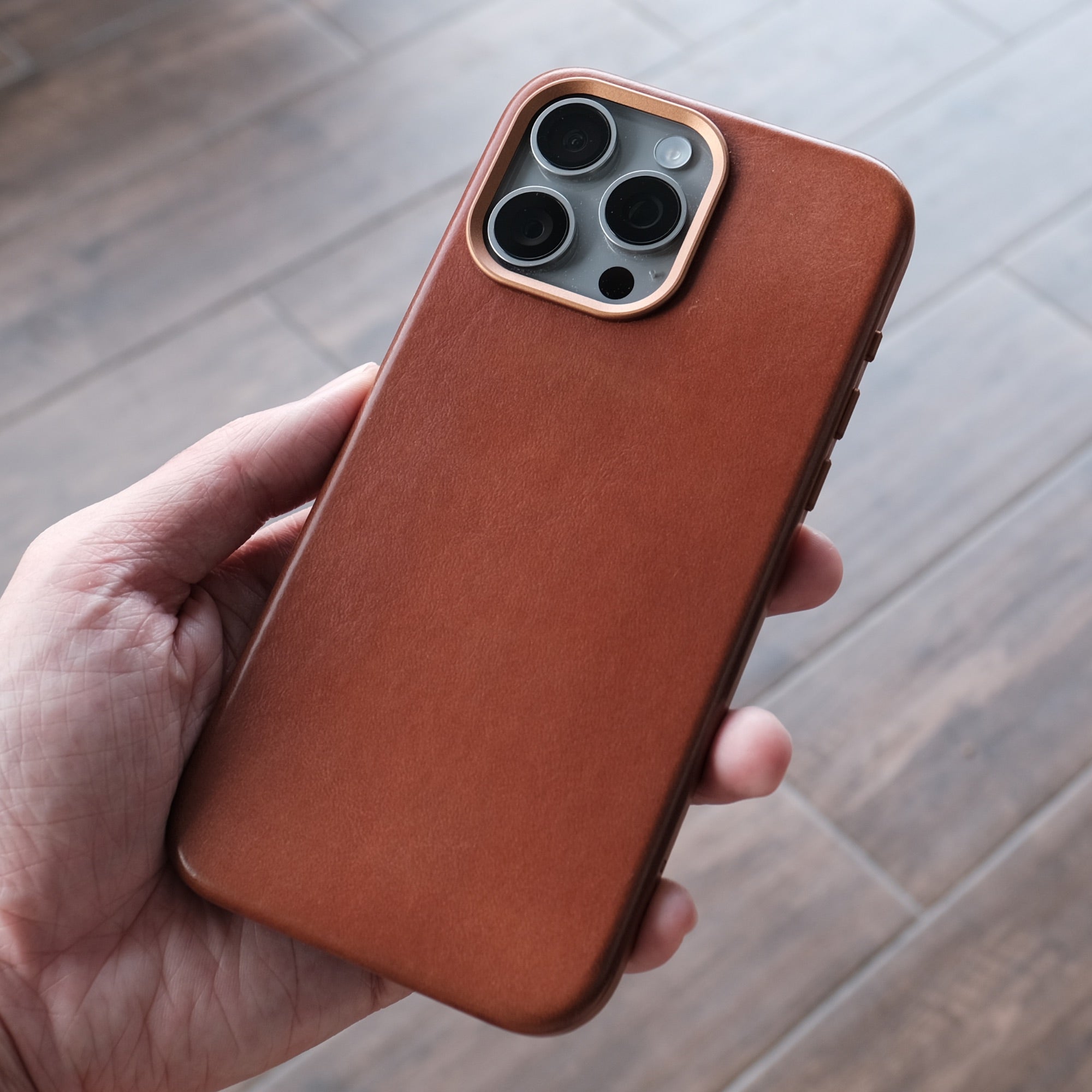 Bare Skin Case for iPhone 15 Pro and 15 Pro Max - Full-Grain Leather Case with MagSafe for iPhone 15 Pro and 15 Pro Max - Saddle Brown - Patina - 60 Days