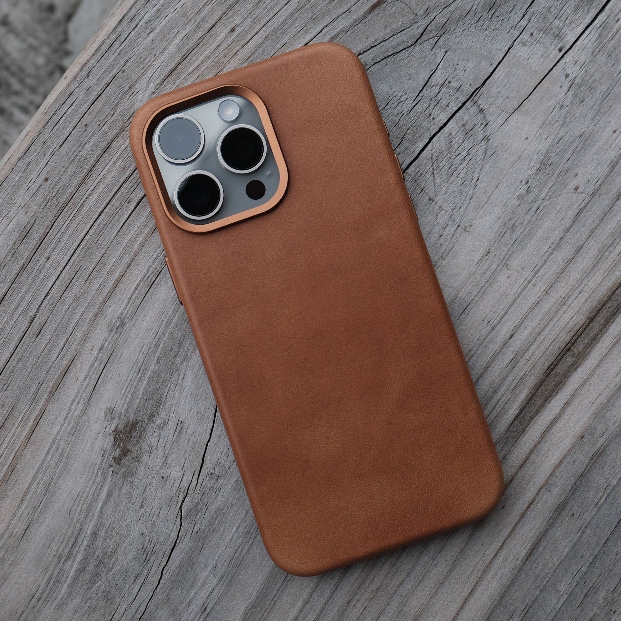Bare Skin Case for iPhone 15 Pro Max - Full-Grain Leather Case with MagSafe for iPhone 15 Pro Max - Golden Tan