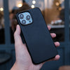 Bare Skin Case for iPhone 15 Pro Max - Full-Grain Leather Case with MagSafe for iPhone 15 Pro Max - Black - in Hand