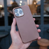 Bare Skin Case for iPhone 15 Pro - Full-Grain Leather Case with MagSafe for iPhone 15 Pro - Tortora - in Hand