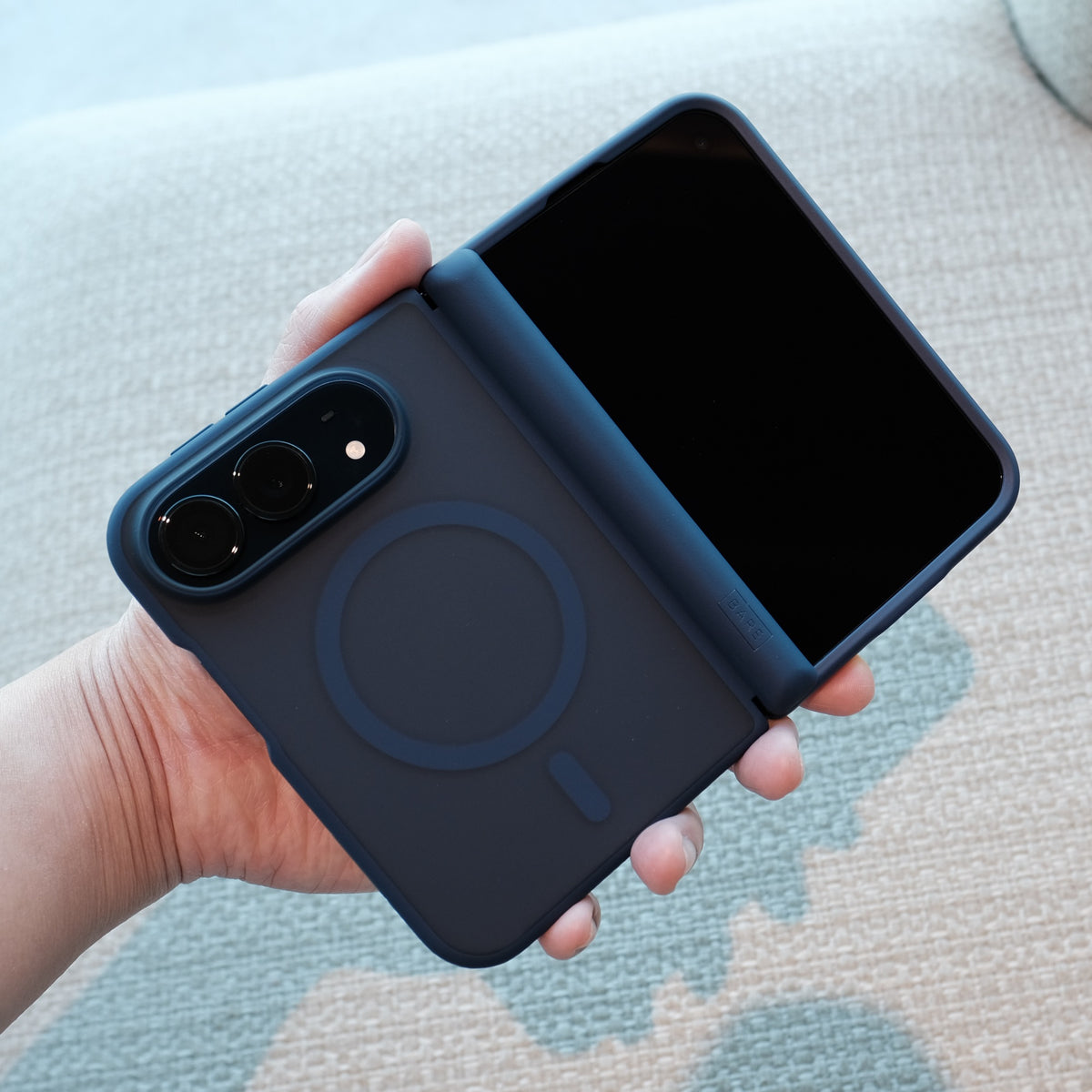 Bare Armour Case for iPhone Duo - Thinnest Shockproof MagSafe Case for iPhone Duo - Night Sky - in Hand - Open - Front