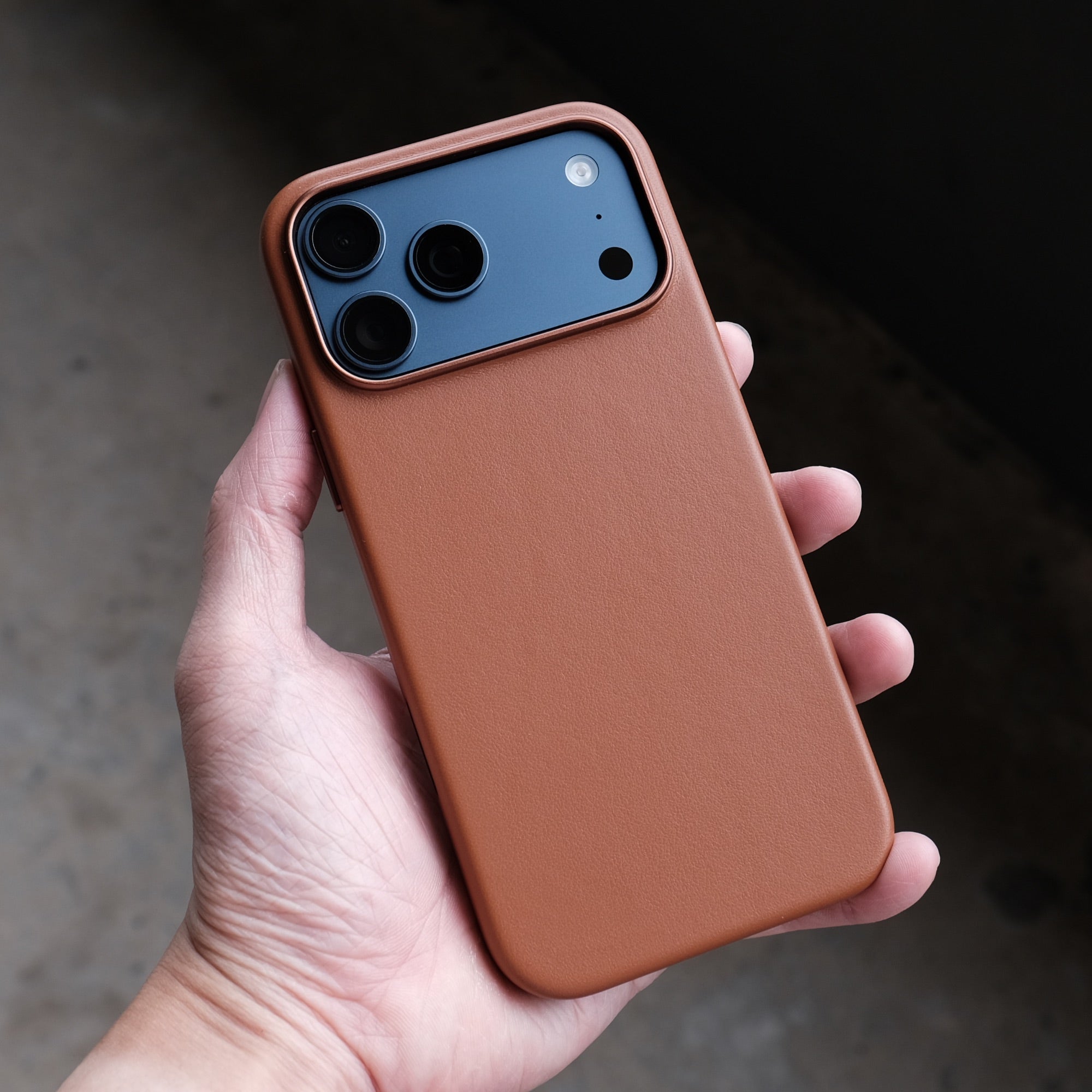 Bare Skin Case for iPhone 17 Pro and Pro Max - Leather Case with Camera Control for iPhone 17 Pro and Pro Max - Saddle Brown on Deep Blue
